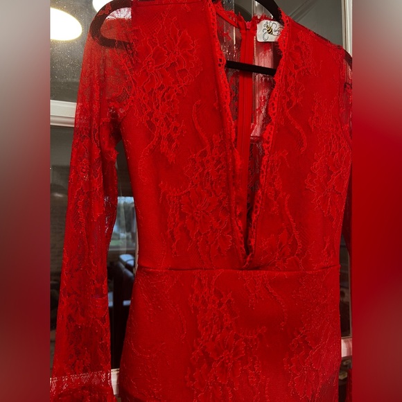Red Lace Evening Gown W Bodycon Bodysuit Deep V- Front Slit Trumpet Sexy Dress - Picture 8 of 15